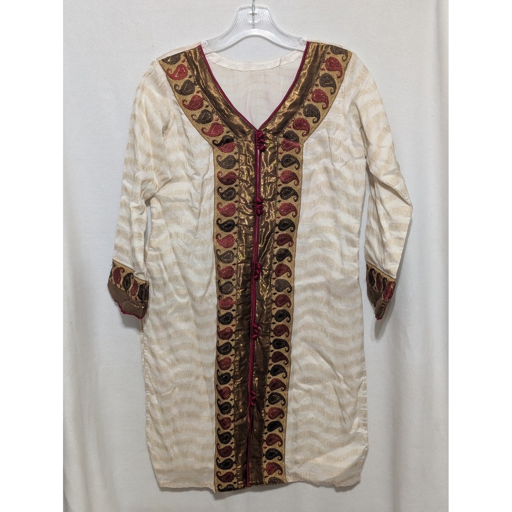 Vintage Cream Gold Paisley Embroidered Kurta Tunic V-Neck Long Sleeve Top